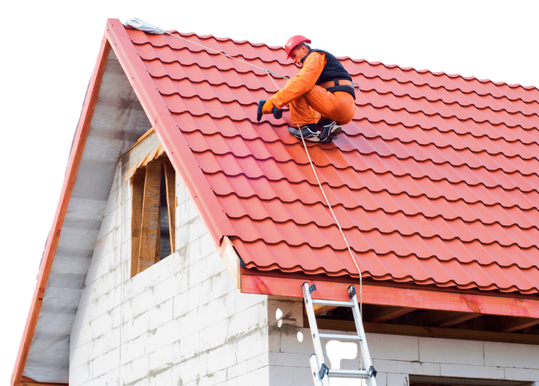 Untitled design - 2025-05-07T205139.685 1 Worker on roof installing red metal tiles.